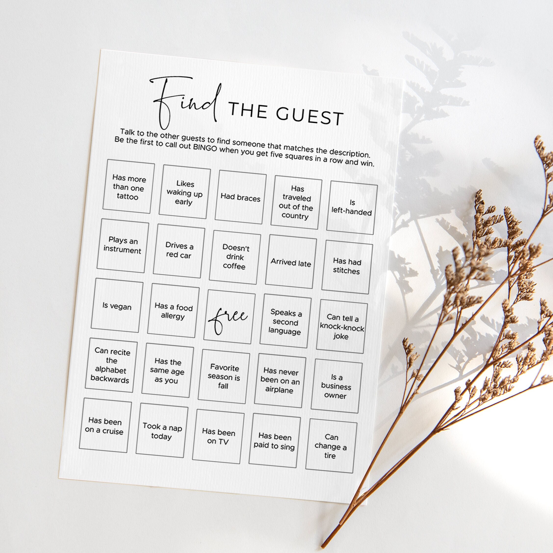 Find the Guest Bingo Printable Fun Birthday Icebreaker Game for Adults