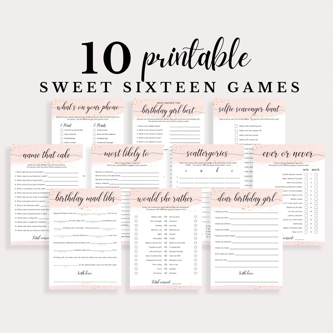 Sweet 16 Party Games Bundle Printable Sweet Sixteen Games Pack Pink and