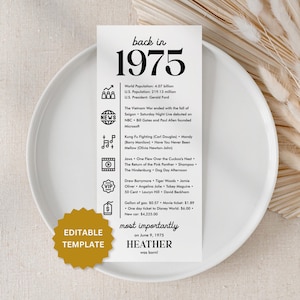 50歳の誕生日パーティーのデコレーション、50歳の誕生日の席札、1975年生まれの50歳のお祝いのテーブルカード、50歳の誕生日パーティーの彼女へのプレゼント、彼へのプレゼント、1975年生まれのUC1