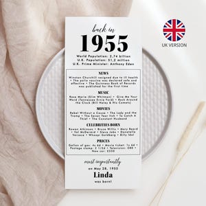 70th Birthday Party Decor 70th Bday Trivia Card 70th UK Born in 1955 Table Card 70th Party Birthday Gift for Her for Him Back in 1955 MV2