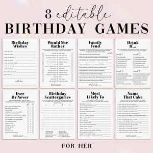 Juegos de cumpleaños para ella Juegos de fiesta de cumpleaños para adultos para imprimir ¿Qué preferiría? Cumpleaños Family Feud Deseos de cumpleaños para una cumpleañera Tarjeta MV2