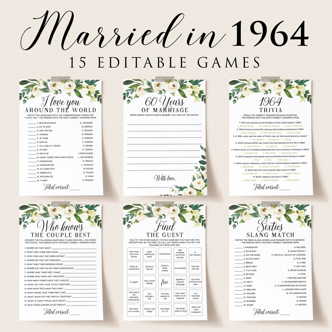 60th Wedding Anniversary Party Games Templates White Floral Anniversary ...