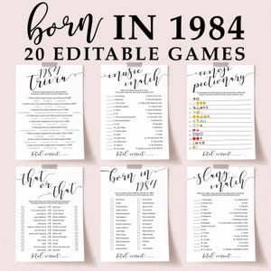 40th Birthday Party Games Bundle Birthday Party Like Its 1984 Trivia Quiz Born in the 80s Movie Quotes Unique Slang Match Bday Games EL1