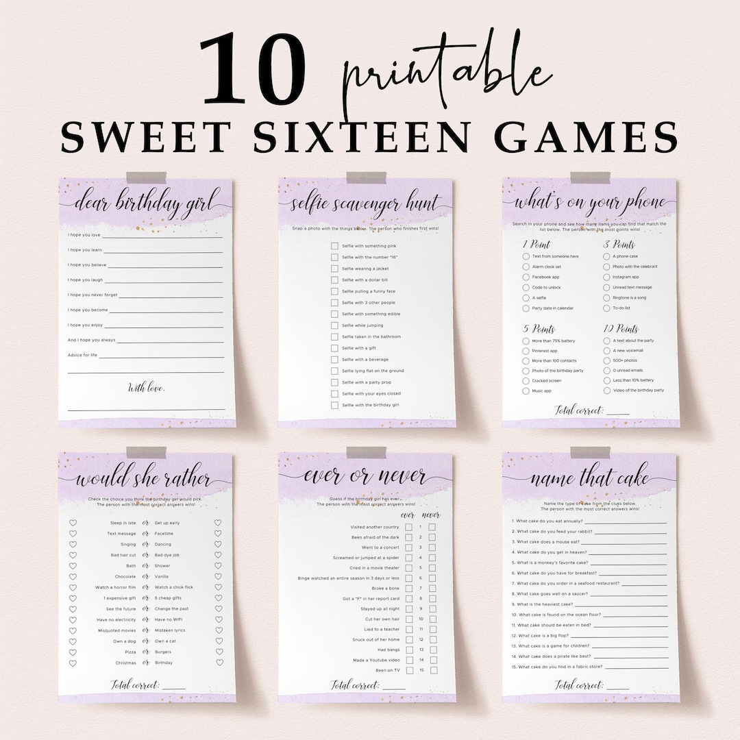 Sweet 16 Party Games Pack Printable Sixteenth Birthday Games Etsy