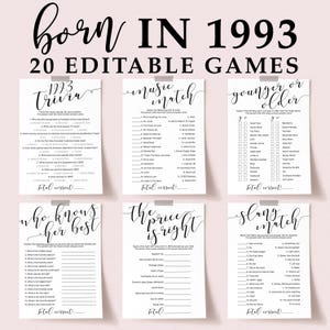 Kalligraphie-Geburtstags-Spiele-Bundle für Sie 1993 geboren Frau, die 31 Jahre alt wird Aktivitätsideen für Bday Bash Printable Schwarzweiß EL1