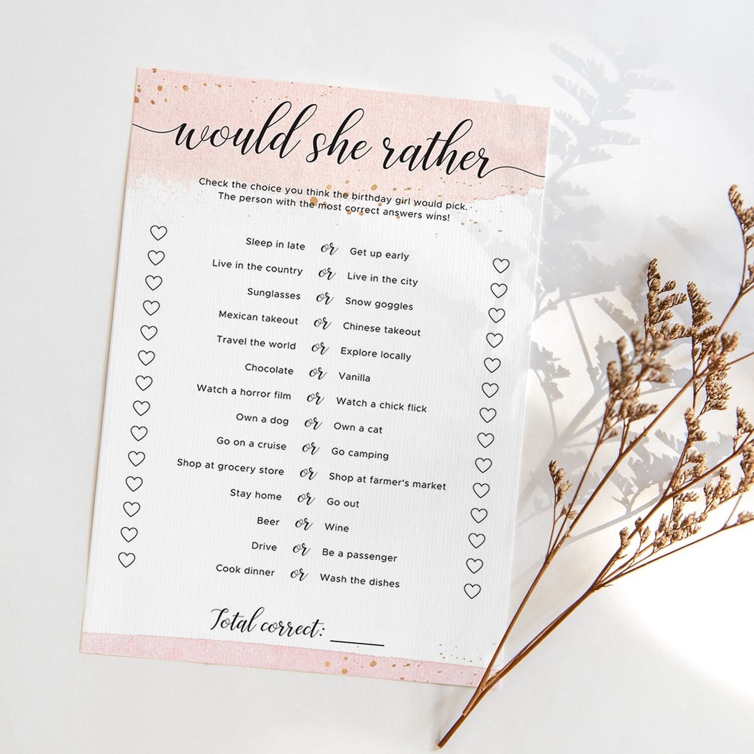 Would She Rather Birthday Game Printable Pink and Gold Theme Bday Party ...