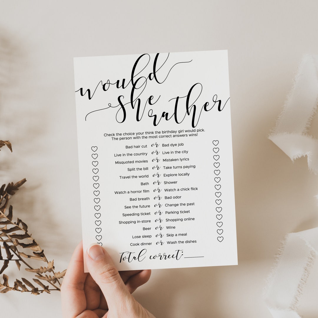 Birthday Would She Rather Game Printable Womens Birthday Game Ideas ...
