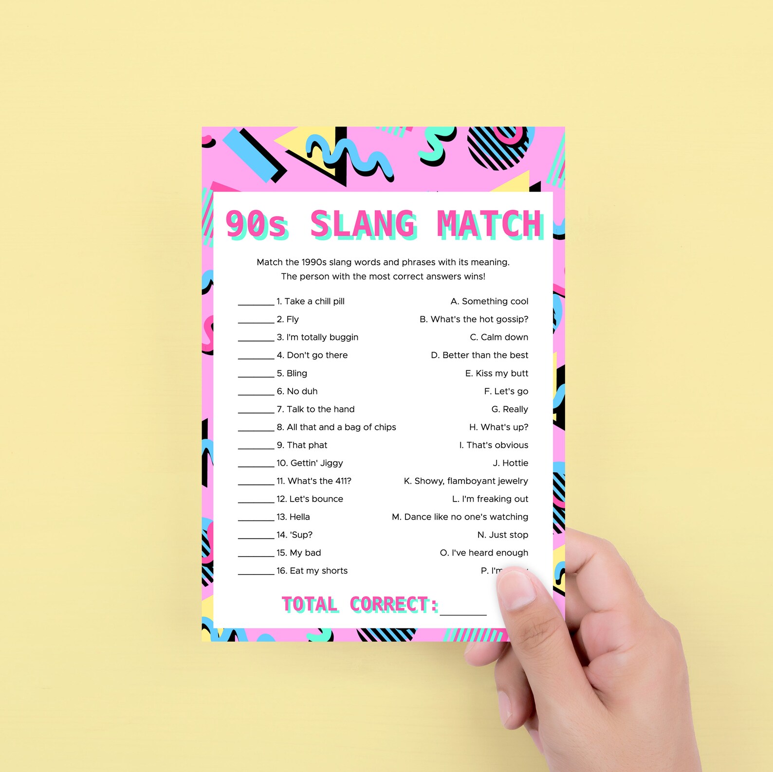 90s Slang Match Game Printable 1990s Theme Party Ideas Match the Slang Phrases Icebreaker