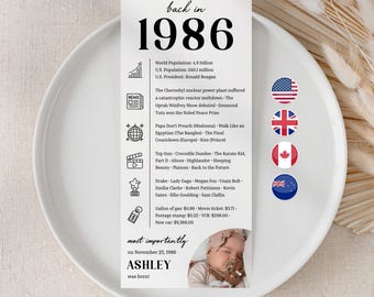Back in 1986 Birthday Party Decorations 40th Bday Dinner Cards 40th Born in 1986 Baby Photo Turning 40 Party Birthday Gift for Her Him WS1