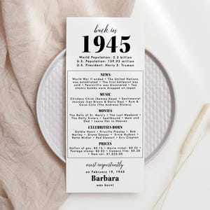 80th Birthday Party Decorations 80th Bday Place Cards 80th Born in 1945 Table Card 80th Party Birthday Gift for Her for Him Back in 1945 MV2