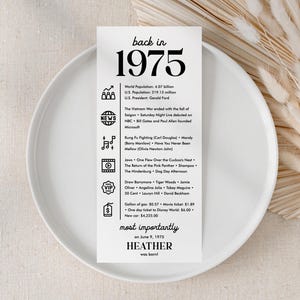 50th Birthday Party Decorations 50th Bday Place Cards 50th Born in 1975 Table Card 50th Party Birthday Gift for Her for Him Back in 1975 UC1