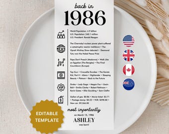 Back in 1986 Birthday Party Decorations 40th Bday Dinner Cards 40th Born in 1986 Table Cards Turning 40 Party Birthday Gift for Her Him UC1