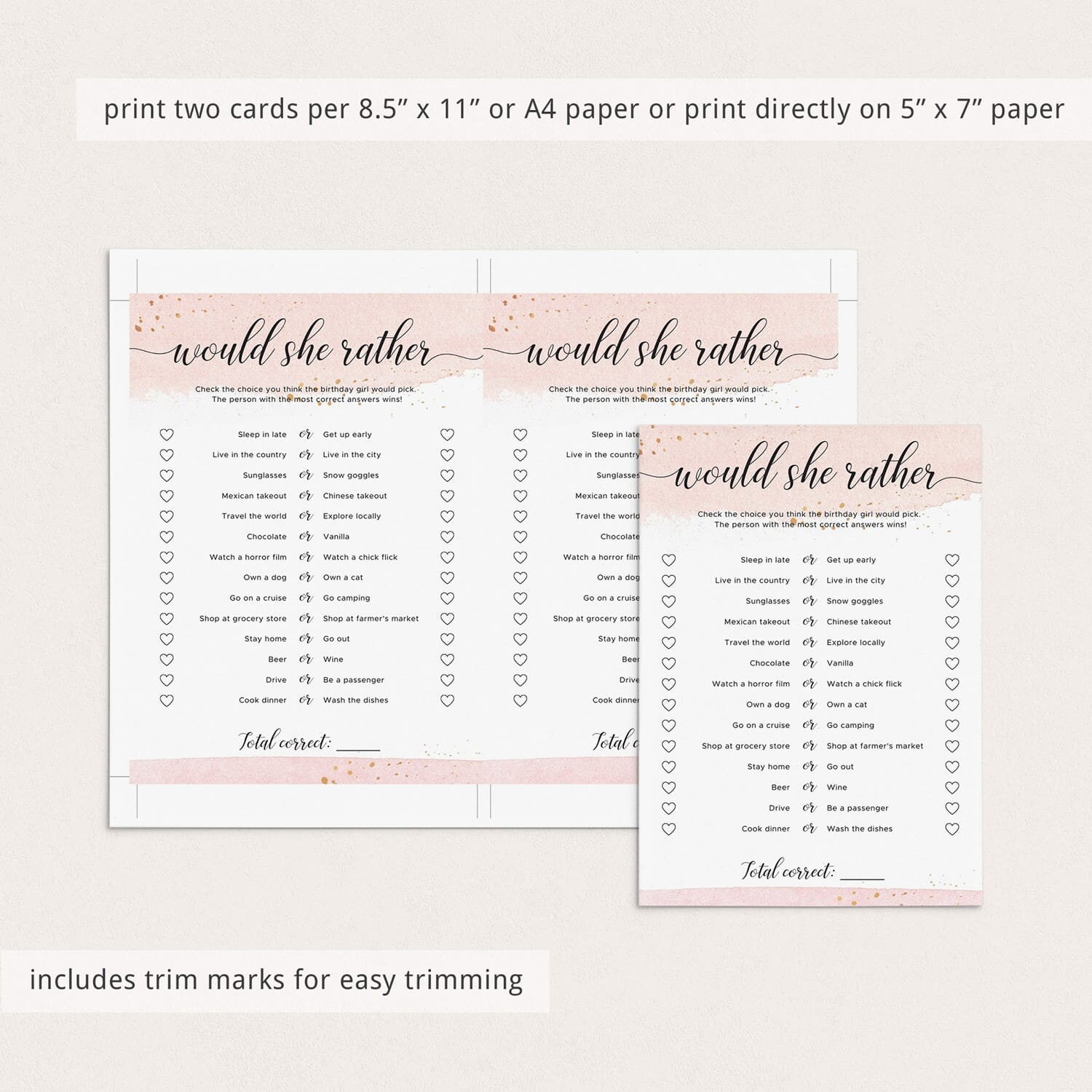 Would She Rather Birthday Game Printable Pink and Gold Theme Bday Party ...