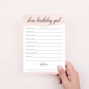 Roze en gouden verjaardagswensen voor haar Afdrukbare verjaardagskaart Beste feestvarken advies Sweet Sixteen Dear Blush aquarel stijlvolle vrouwen BG4
