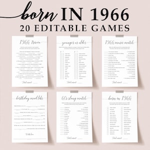 Puede incluir: Una colección de seis juegos imprimibles en papel blanco, que incluyen trivia, combinación musical y mad libs, todos con el tema del año 1966. El título "born IN 1966" se muestra en una fuente elegante en la parte superior.
