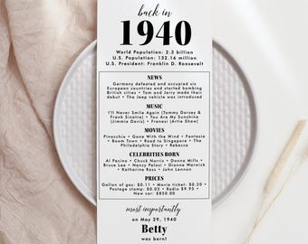 86th Birthday Party Decor Born in 1940 Birthday Dinner Cards 1940 Trivia Fun Facts Table Card Mom Birthday Gift for Dad Way Back in 1940 MV2