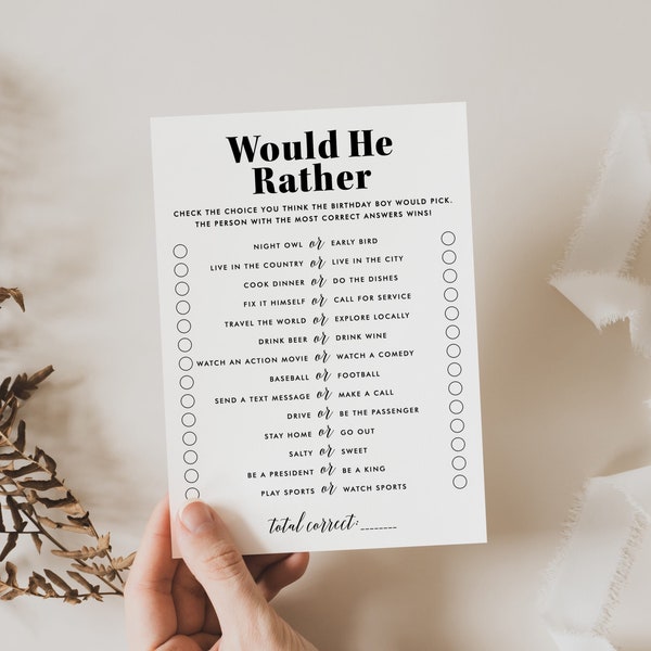 Birthday Would He Rather Game Mens Birthday Party Games Printable Adult Birthday Games for Him This or That Birthday Boy Game Minimalist MV2