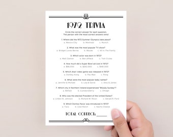 Fun Facts Quiz About 1972 Trivia Game Printable Birthday Party Activities for Adults Gangsters and Flappers Theme Great Gatsby Questions RG2