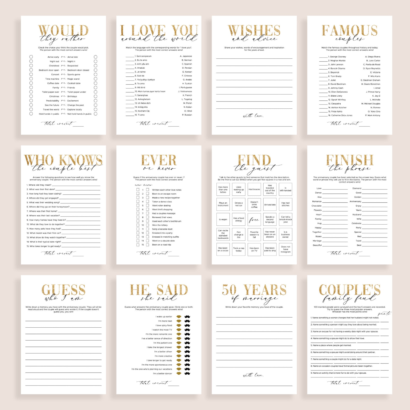 Anniversary Party Games Bundle Printable 25th 30 40 50th Wedding ...