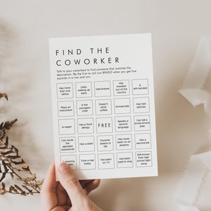 Vind de collega-bingokaart voor kantoorfeest afdrukbaar | Minimalistisch bingospel voor werkevenementen, vind de collega Bingo, direct downloaden AM1