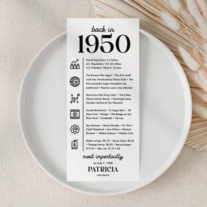 75th Birthday Party Decor Born in 1950 Trivia Card Printable 75th Bday Place Cards 75th Party Birthday Gift for Her for Him Back in 1950 UC1