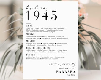 81st Birthday Party Decorations 81st Bday Place Cards 81st Born in 1945 Table Card 81st Party Birthday Gift for Her for Him Back in 1945 MV1