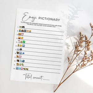Pensioen Emoji Pictionary-spel Afdrukbaar Raad de emoji-activiteit voor afscheid Feestideeën Stijlvol modern emoji-spel voor gepensioneerden SP2