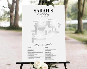 Birthday Crossword Sign Sip Puzzle and Solve Giant Crossword Puzzle Custom Crossword Template Personalized Birthday Crossword 6 Sizes MV1
