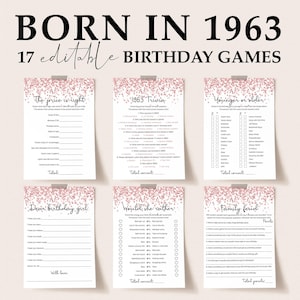 62nd Birthday Games Bundle Printable Pink Confetti Birthday Games for Female Born in 1963 Bday Bash for Her 60s Trivia Would She Rather PC1