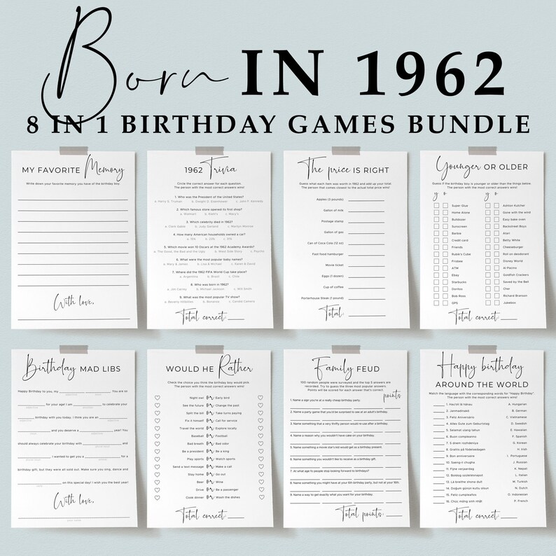 Born in 1962 Birthday Activities for Men 62nd Bday Games Bundle ...