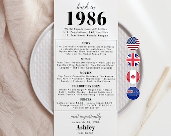 40th Birthday Party Decorations 40th Bday Dinner Cards 40th Born in 1986 Table Cards 40th Party Birthday Gift for Her Him Back in 1986 MV2