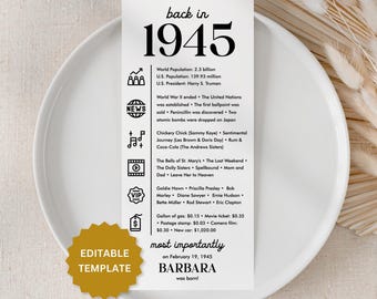 81st Birthday Decorations 81st Bday Place Card 81st Born in 1945 Table Card 81st Party Birthday Gift for Her for Him Back in 1945 Trivia UC1