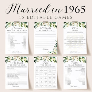結婚60周年記念パーティーゲーム | 1965年結婚クイズ、白い花の記念日アイデア、結婚記念日カップルゲームWR1