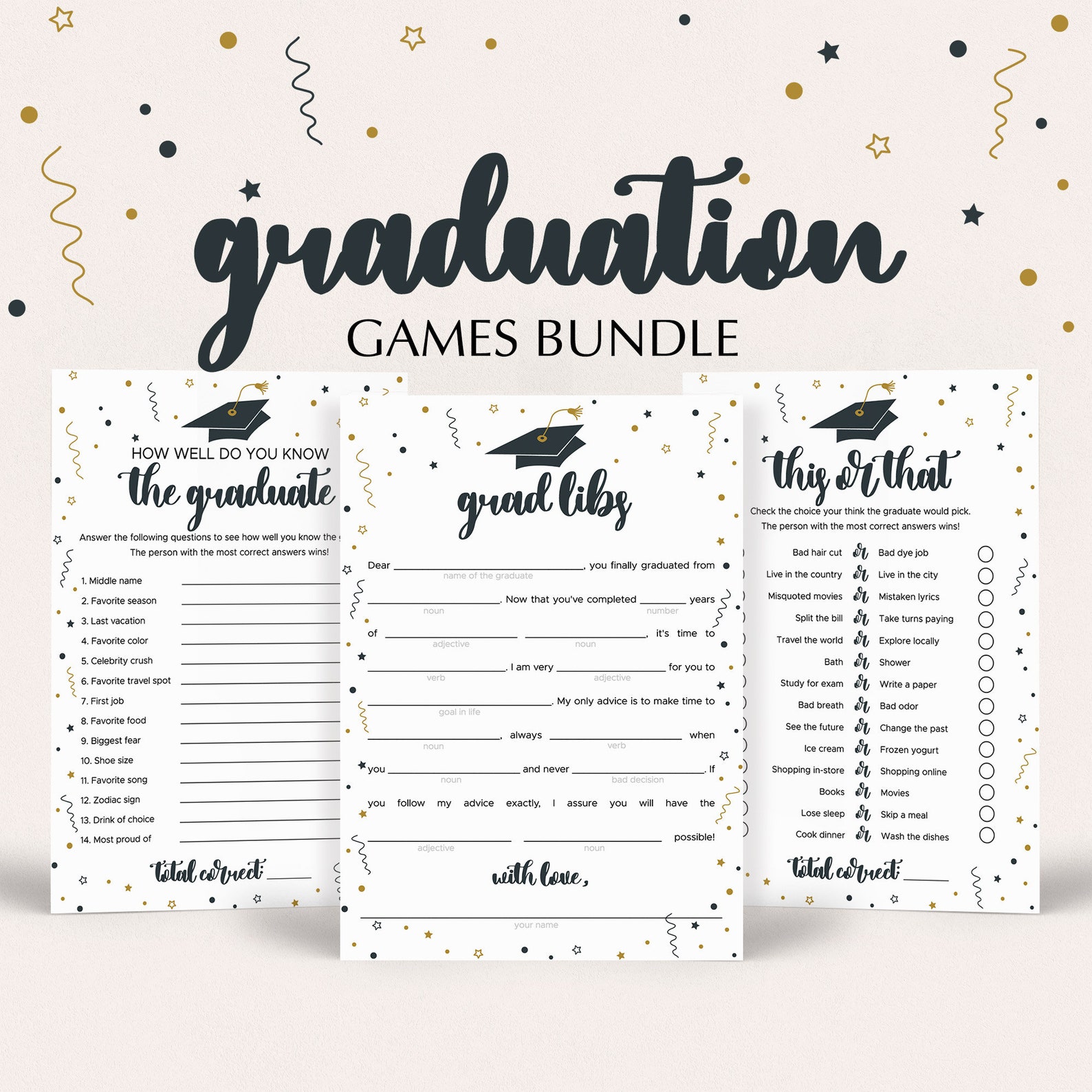 Graduation Party Games Bundle for Him and Her Editable Grad Activity Cards Templates Do You Know
