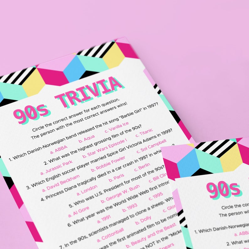 90s Trivia Printable Pop Culture Quiz Game Nineties Theme Party ...
