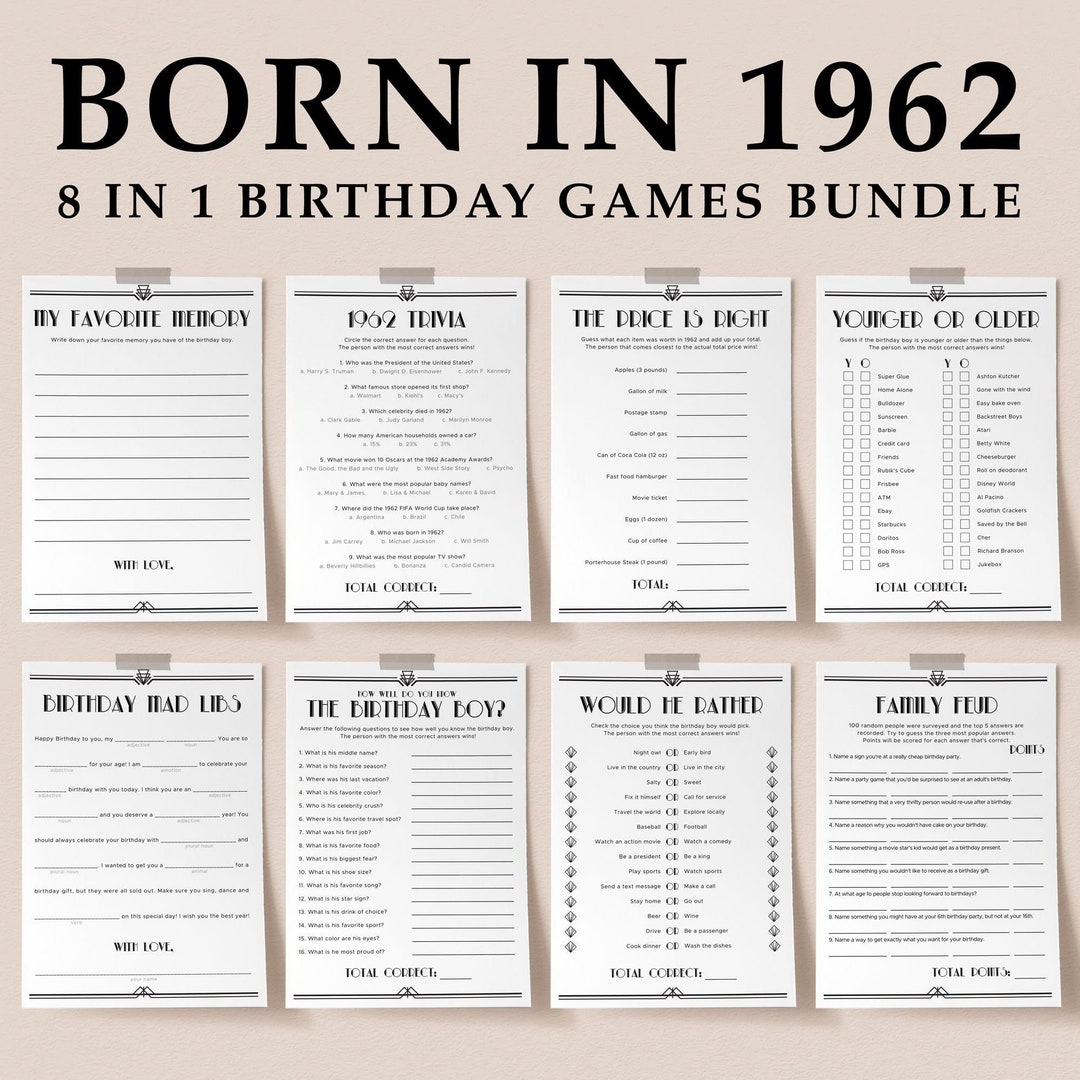 Born in 1962 Birthday Games Bundle Printable Turning 63 Activity Ideas ...