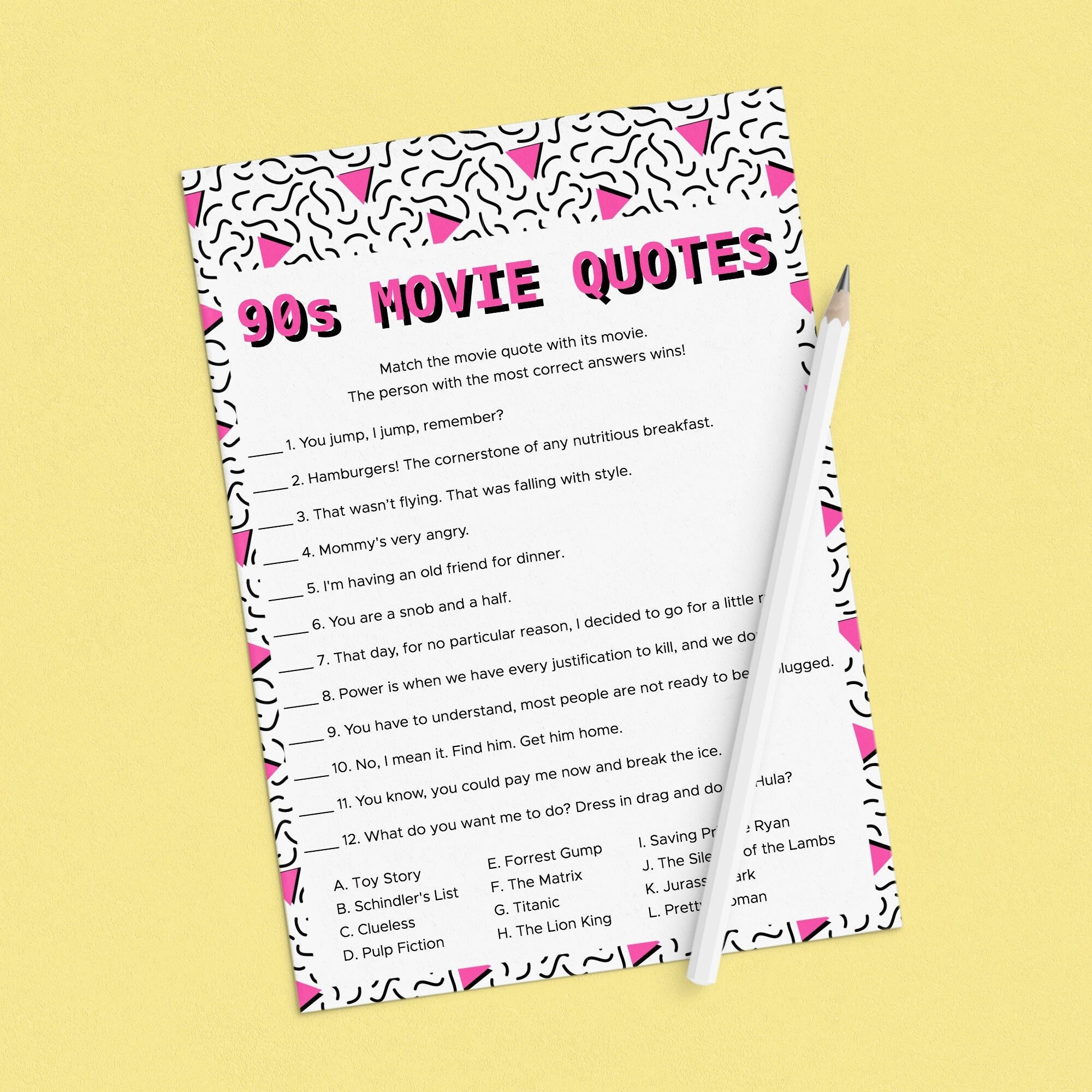 90s Movie Quotes Game Printable Themed Movie Night Activity