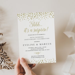Hochzeitseinladungen Vorlage Psssst, es ist eine Überraschungskarte Gold Jahrestag Party einladen Hochzeitstag Save the Date Karte Konfetti DP1