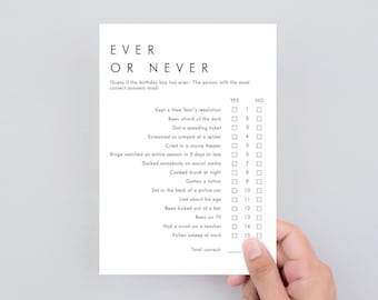 Juego de cumpleaños Ever or Never para imprimir, juegos de fiesta de cumpleaños para adultos, juegos de cumpleaños minimalistas para él, juegos de cumpleaños para hombres, ¿alguna vez ha sido AM1?