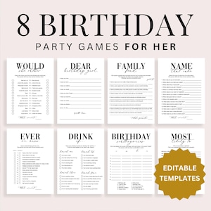 Pacchetto di giochi per feste di compleanno per donne, giochi di compleanno modificabili per la sua cara ragazza di compleanno, biglietti di auguri per il 21°, 30°, 40°, 50° e 60° compleanno, scarica MV1
