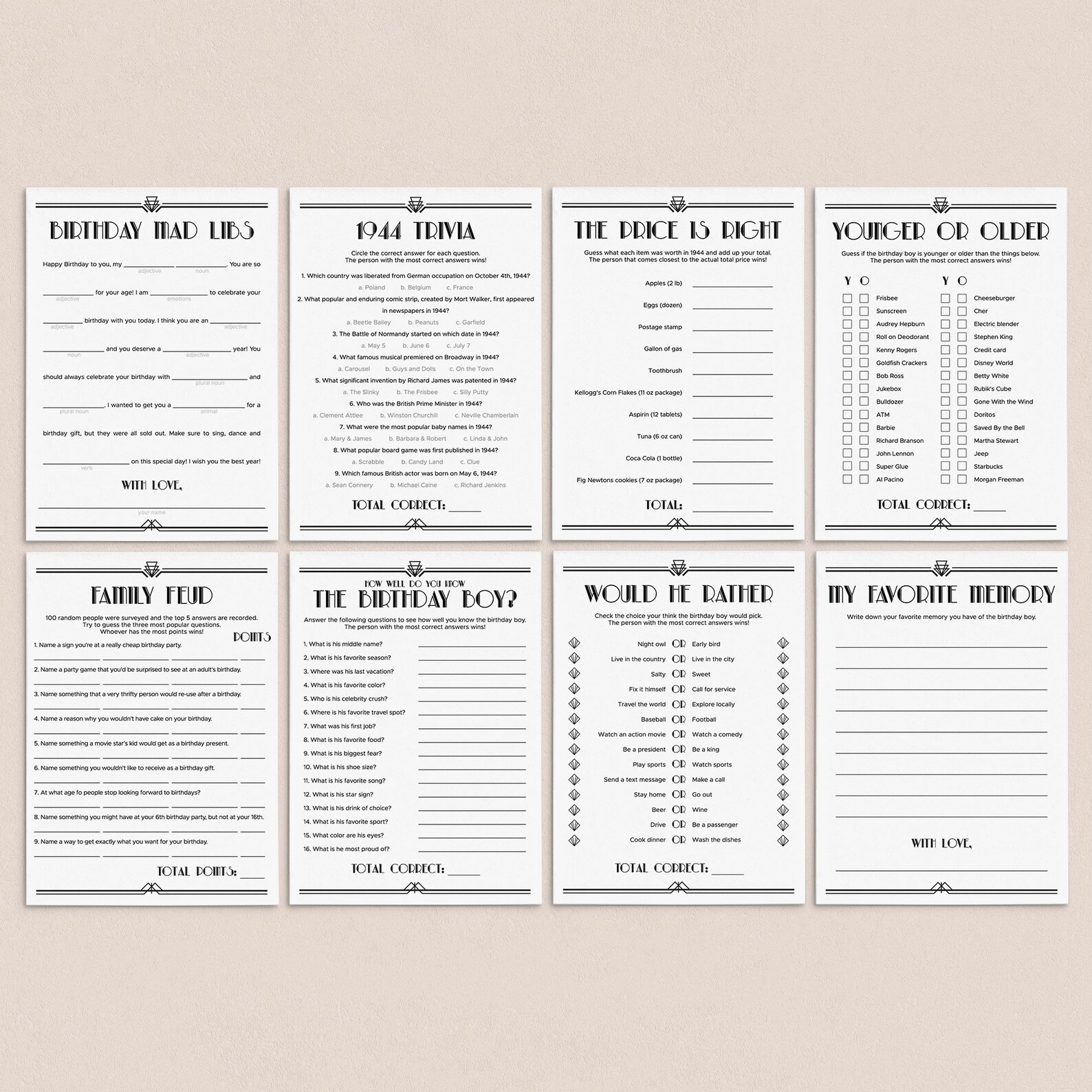 Born in 1944 Birthday Games Bundle Printable Turning 80th - Etsy