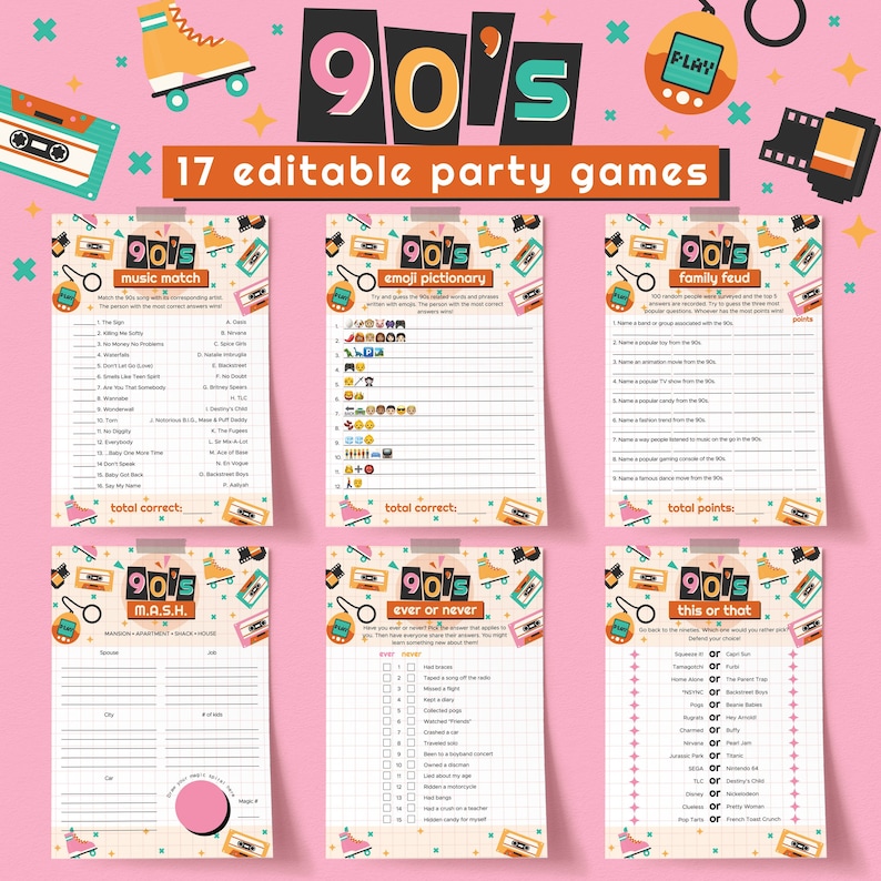 90s Party Games Printable Themed Activity Idea Vintage Aqua