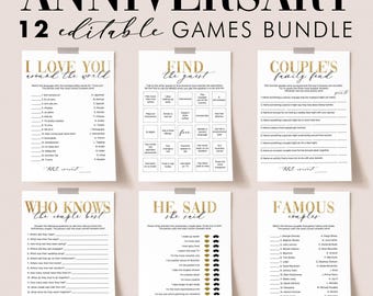 Paquete de juegos para fiestas de aniversario imprimibles Juegos para aniversarios de bodas del 25.º, 30.º, 40.º y 50.º aniversario Tarjetas de bingo para encontrar al invitado Parejas famosas Family Feud MV1