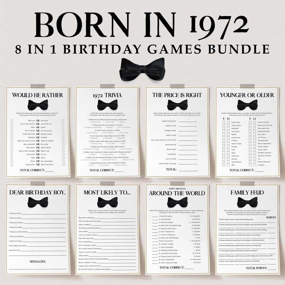 Born in 1972 Birthday Games Pack Printable Gold and Black Bow Tie Theme ...