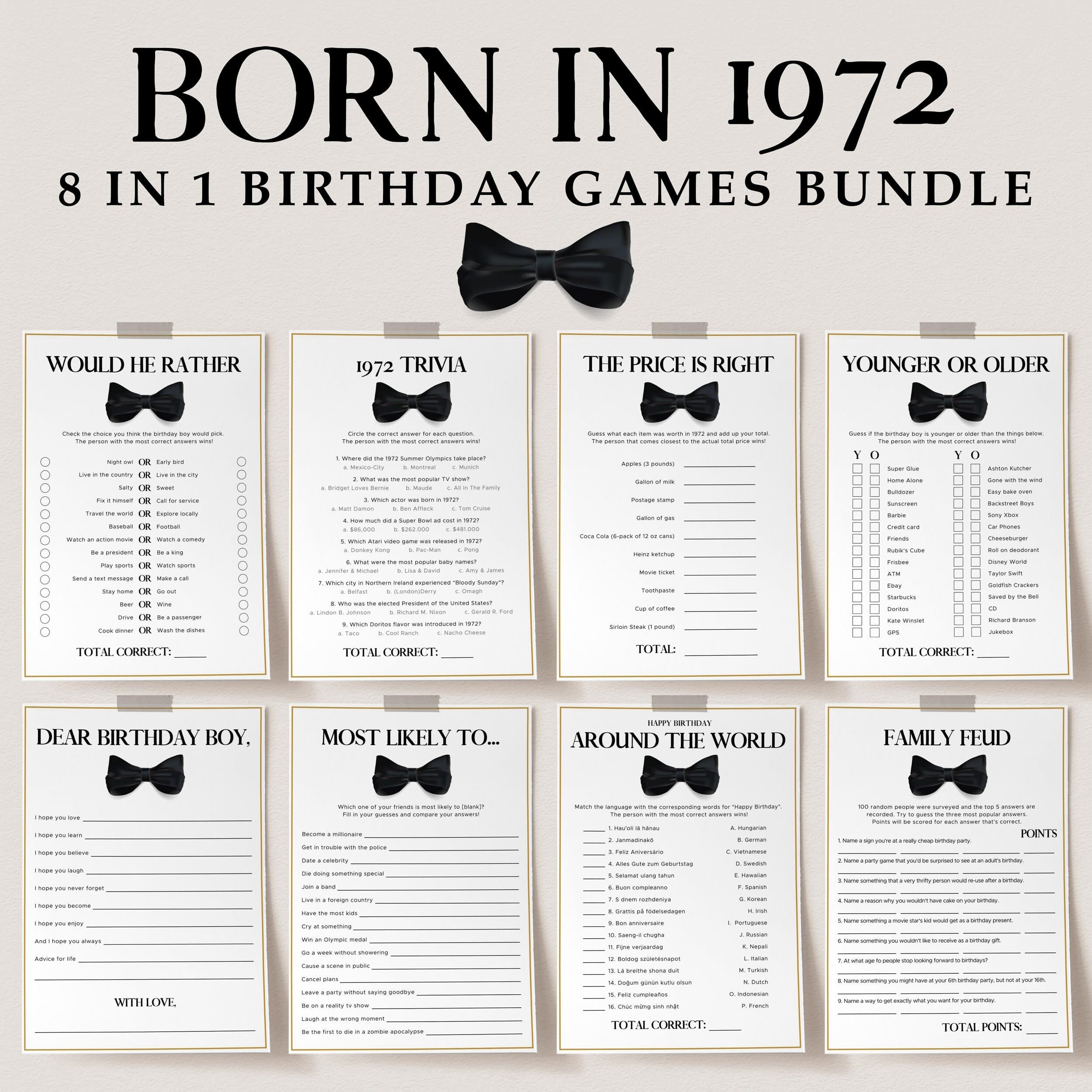 Born In 1972 Birthday Games Pack Printable Gold And Black Bow Etsy Ireland