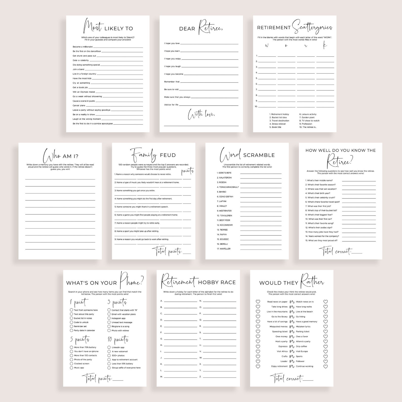 Retirement Games Printable Wishes for Retiree Party Activities for ...
