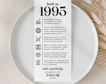 30th Birthday Party Decorations 30th Bday Dinner Cards 30th Born in 1995 Table Cards 30th Party Birthday Gift for Her Him Back in 1995 UB1