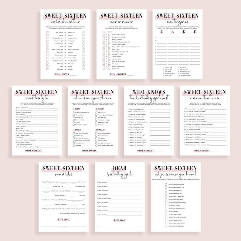 Modern Sweet 16 Games Bundle Printable Pink Sweet Sixteen Party Modern Sweet 16 Games Bundle Printable Pink Sweet Sixteen Party
