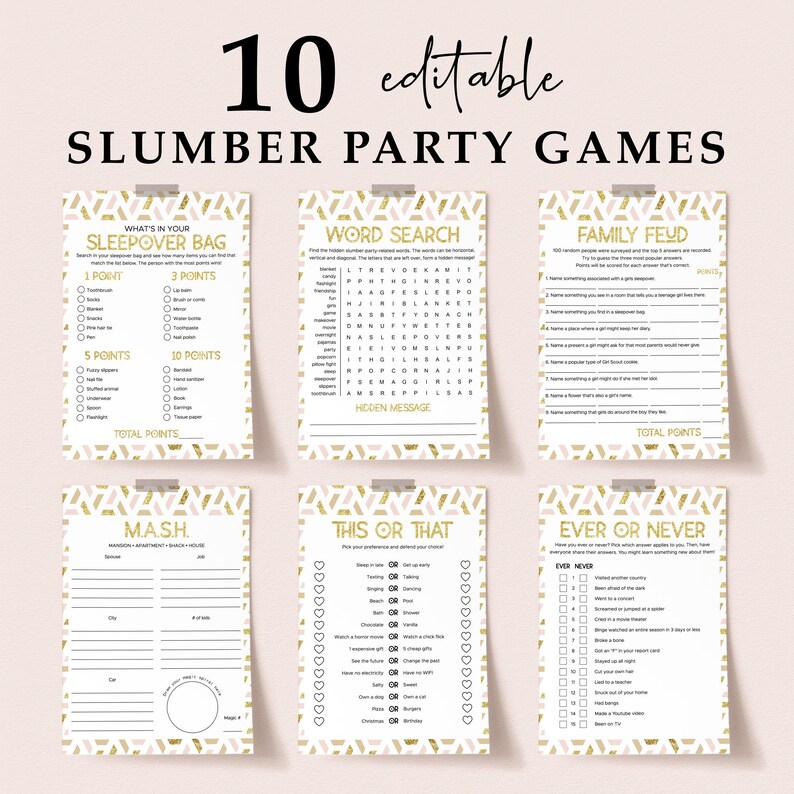Pink and Gold Slumber Party Games Bundle Editable Templates Teen ...