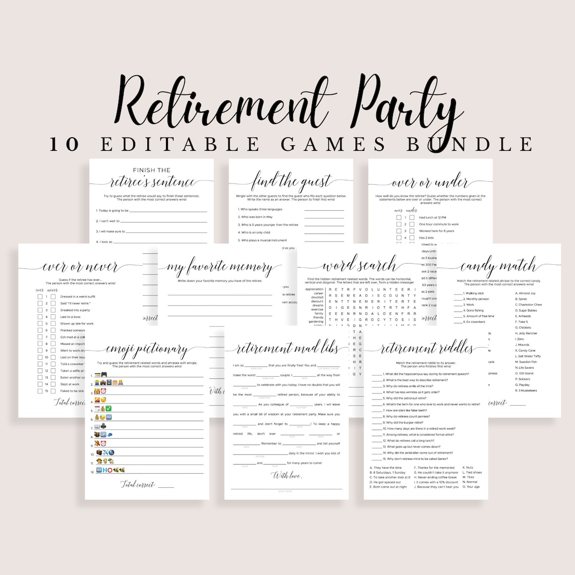 Retirement Party Games Printable Retirement Party Activities - Etsy